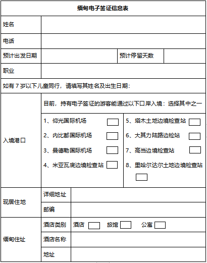 缅甸电子签证个人信息表模板